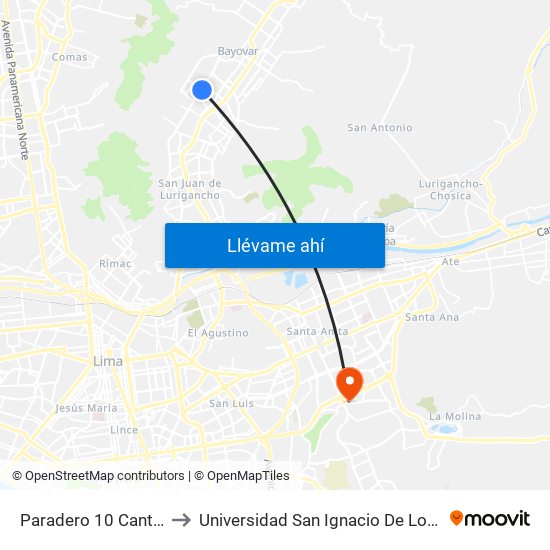 Paradero 10 Canto Grande to Universidad San Ignacio De Loyola Campus 1 map