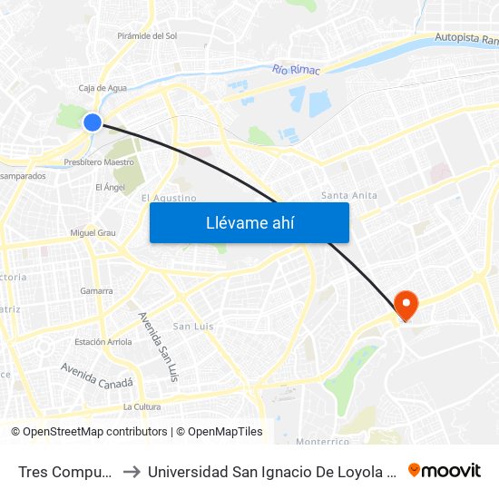 Tres Compuertas to Universidad San Ignacio De Loyola Campus 1 map