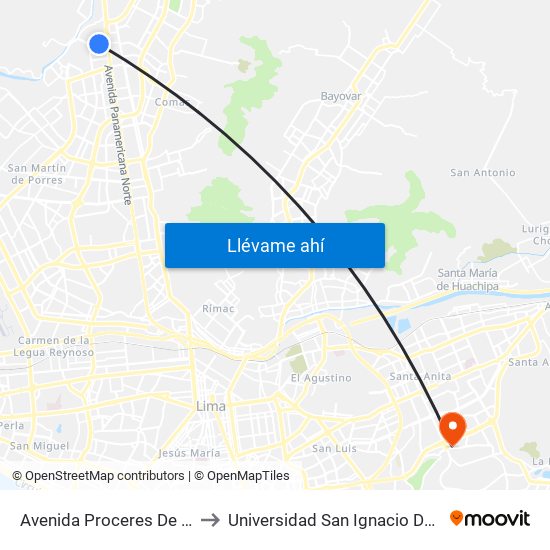 Avenida Proceres De Huandoy, 7759 to Universidad San Ignacio De Loyola Campus 1 map