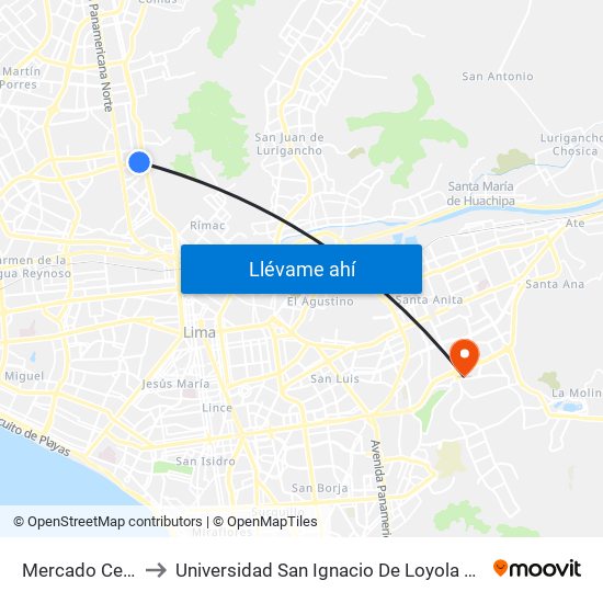 Mercado Central to Universidad San Ignacio De Loyola Campus 1 map