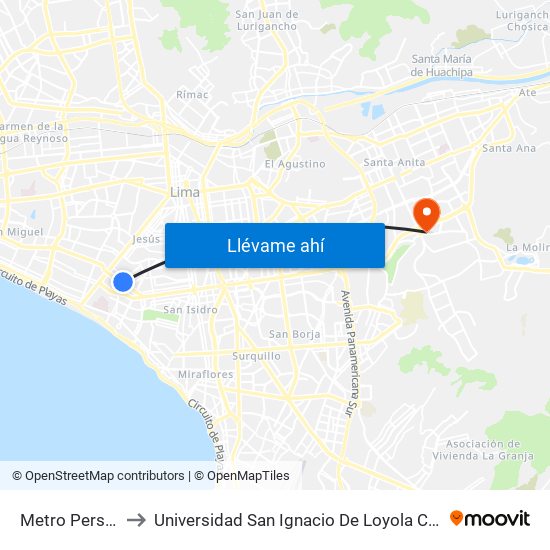 Metro Pershing to Universidad San Ignacio De Loyola Campus 1 map