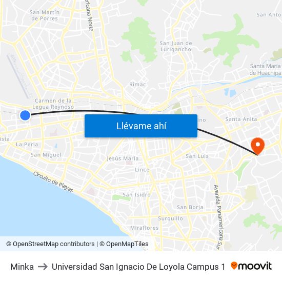 Minka to Universidad San Ignacio De Loyola Campus 1 map