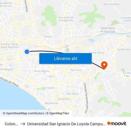 Colonial to Universidad San Ignacio De Loyola Campus 1 map