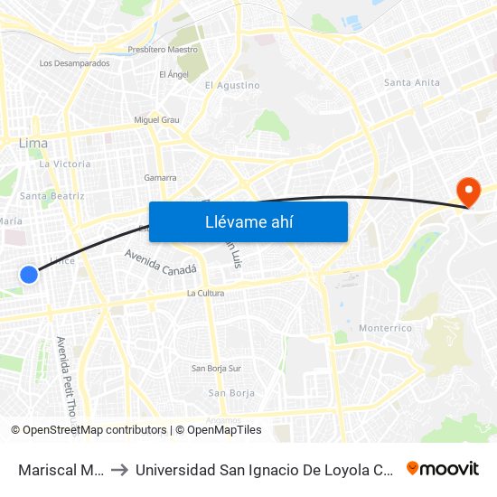 Mariscal Miller to Universidad San Ignacio De Loyola Campus 1 map