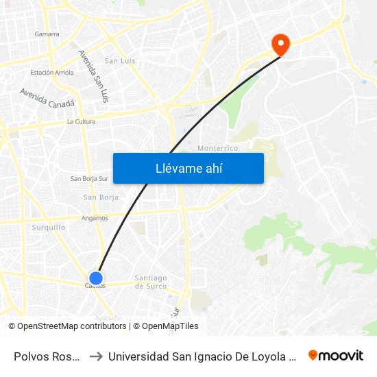 Polvos Rosados to Universidad San Ignacio De Loyola Campus 1 map