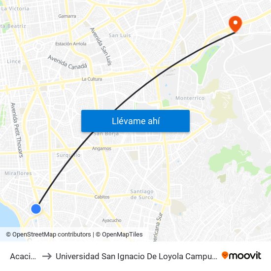 Acacias to Universidad San Ignacio De Loyola Campus 1 map