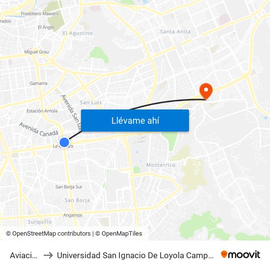 Aviación to Universidad San Ignacio De Loyola Campus 1 map