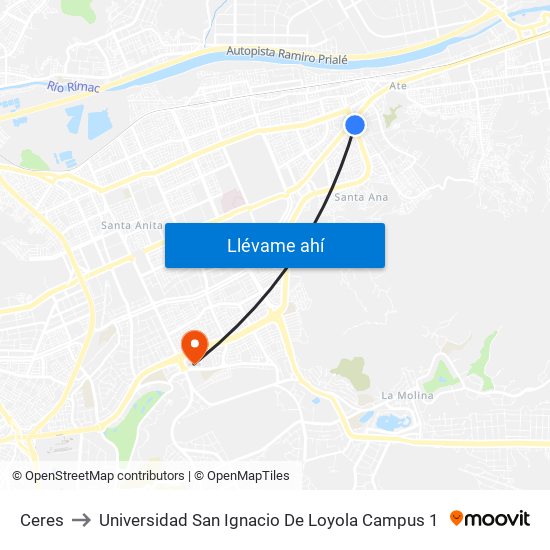 Ceres to Universidad San Ignacio De Loyola Campus 1 map