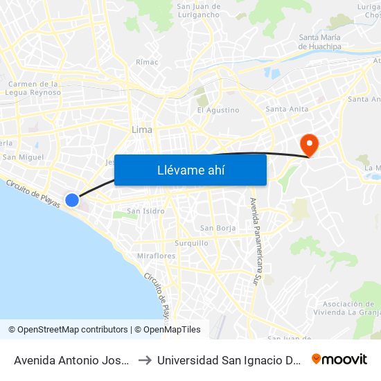 Avenida Antonio José De Sucre, 574 to Universidad San Ignacio De Loyola Campus 1 map