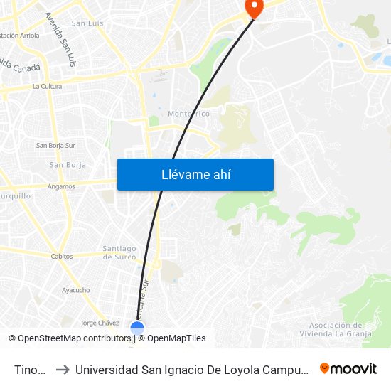 Tinoco to Universidad San Ignacio De Loyola Campus 1 map