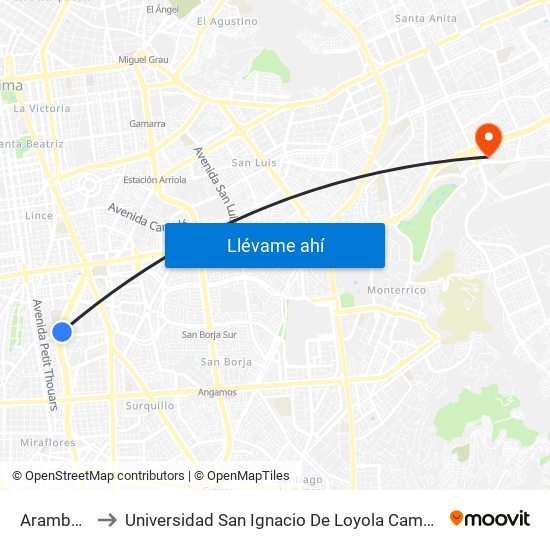 Aramburú to Universidad San Ignacio De Loyola Campus 1 map