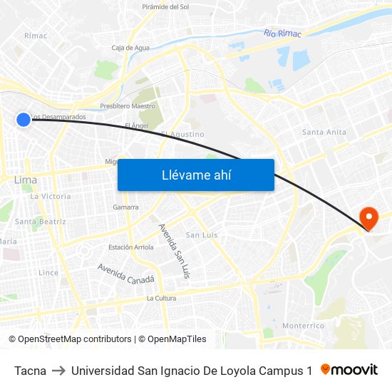 Tacna to Universidad San Ignacio De Loyola Campus 1 map