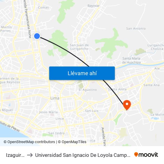 Izaguirre to Universidad San Ignacio De Loyola Campus 1 map