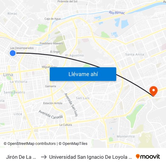 Jirón De La Unión to Universidad San Ignacio De Loyola Campus 1 map