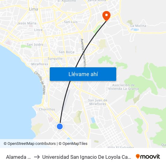 Alameda Sur to Universidad San Ignacio De Loyola Campus 1 map