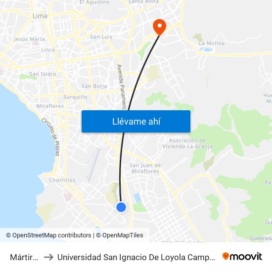 Mártires to Universidad San Ignacio De Loyola Campus 1 map