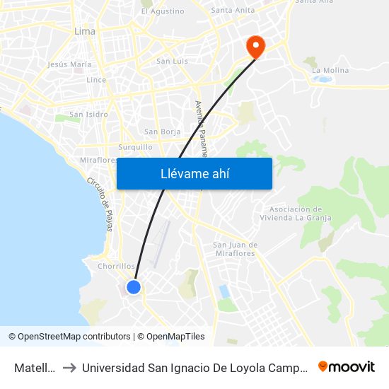 Matellini to Universidad San Ignacio De Loyola Campus 1 map