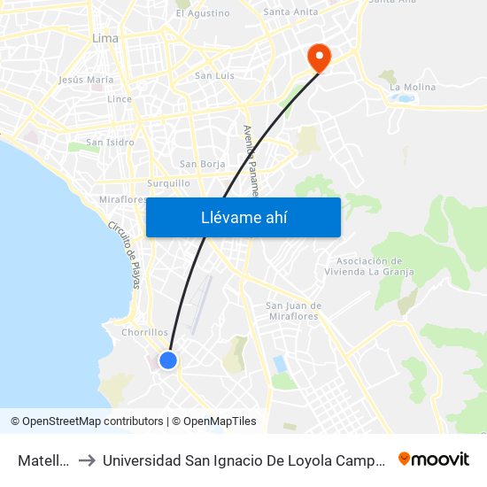 Matellini to Universidad San Ignacio De Loyola Campus 1 map