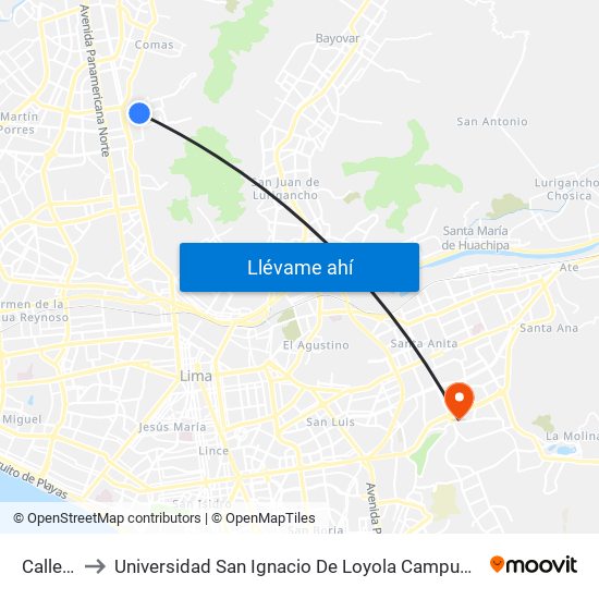 Calle 1 to Universidad San Ignacio De Loyola Campus 1 map