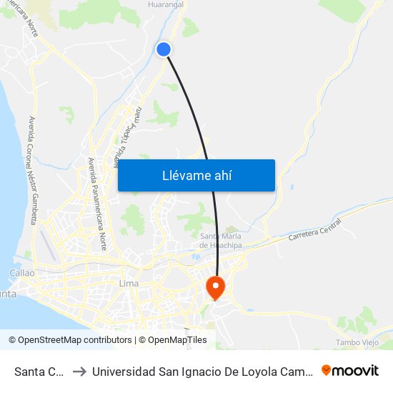 Santa Cruz to Universidad San Ignacio De Loyola Campus 1 map