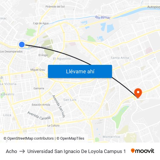 Acho to Universidad San Ignacio De Loyola Campus 1 map