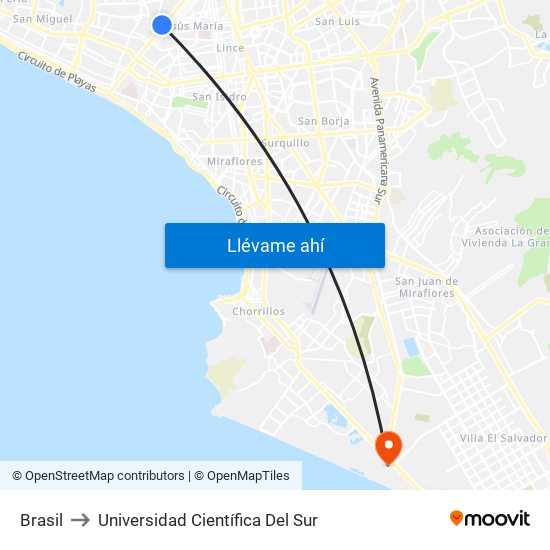 Brasil to Universidad Científica Del Sur map