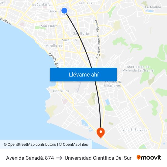 Avenida Canadá, 874 to Universidad Científica Del Sur map