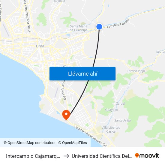 Intercambio Cajamarquilla to Universidad Científica Del Sur map