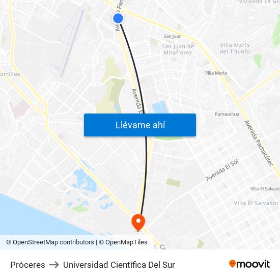 Próceres to Universidad Científica Del Sur map