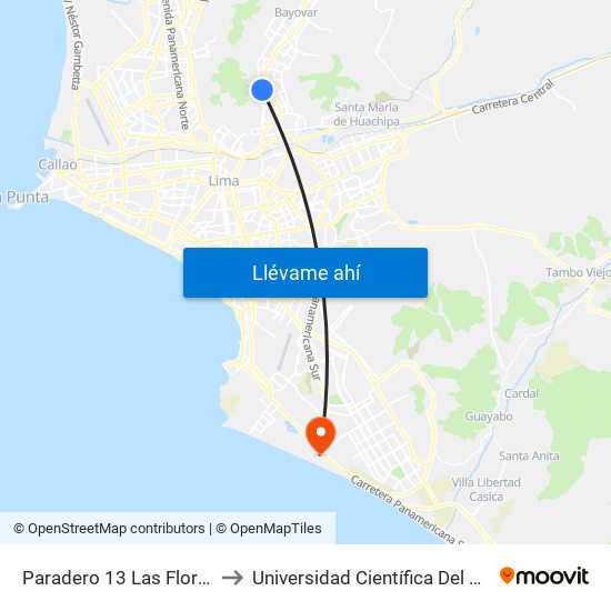 Paradero 13 Las Flores to Universidad Científica Del Sur map