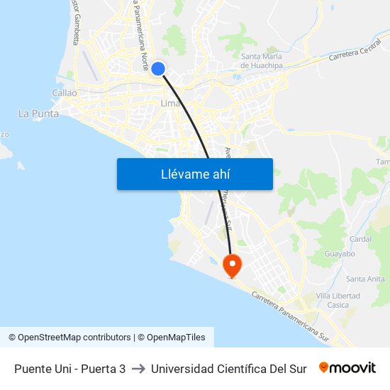 Puente Uni - Puerta 3 to Universidad Científica Del Sur map