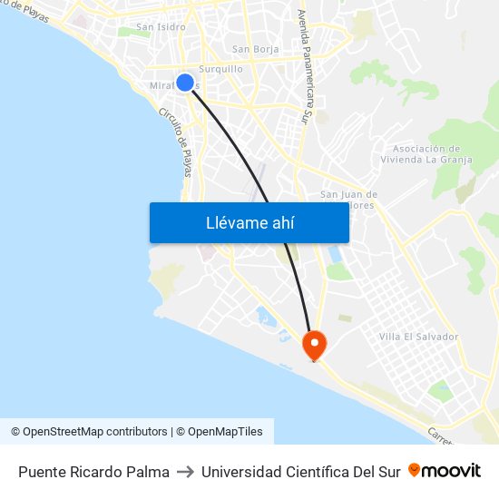 Puente Ricardo Palma to Universidad Científica Del Sur map