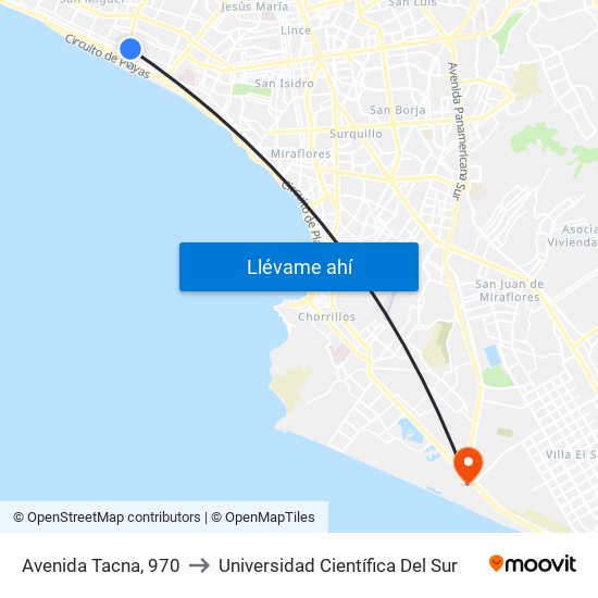 Avenida Tacna, 970 to Universidad Científica Del Sur map