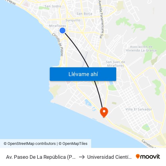 Av. Paseo De La República (Parque Reducto) to Universidad Científica Del Sur map
