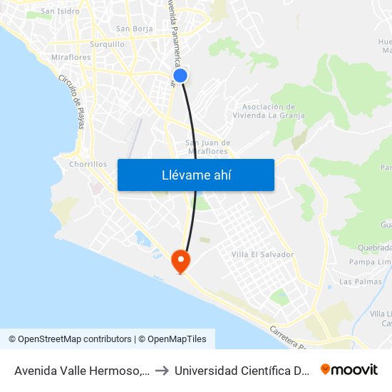 Avenida Valle Hermoso, 997 to Universidad Científica Del Sur map