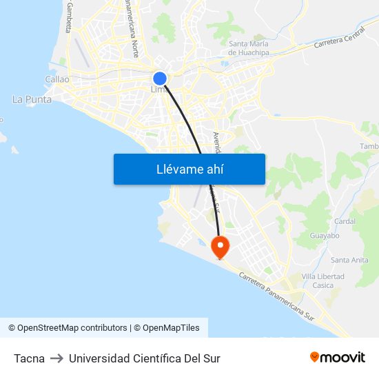Tacna to Universidad Científica Del Sur map