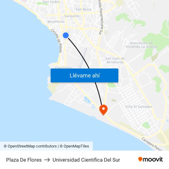 Plaza De Flores to Universidad Científica Del Sur map
