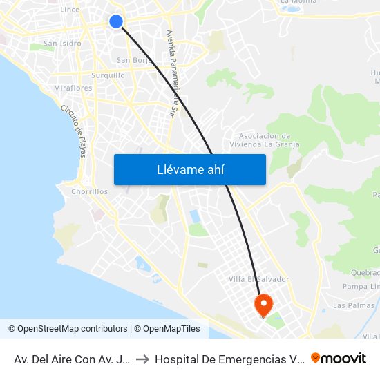 Av. Del Aire Con Av. Javier Prado to Hospital De Emergencias Villa El Salvador map