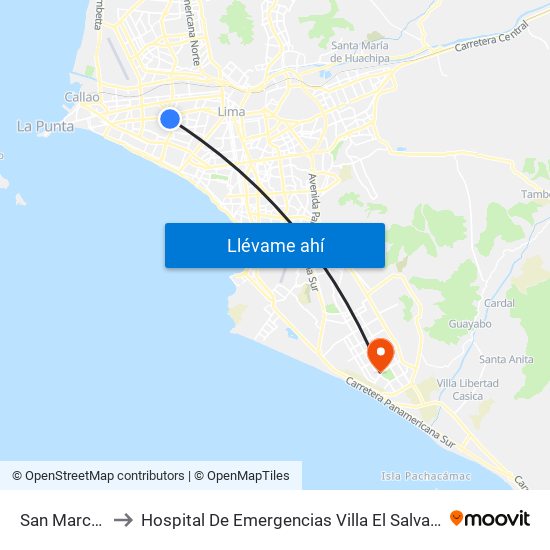 San Marcos to Hospital De Emergencias Villa El Salvador map