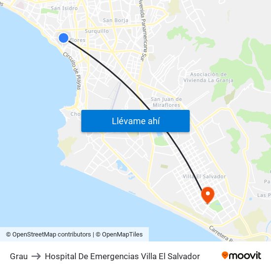 Grau to Hospital De Emergencias Villa El Salvador map