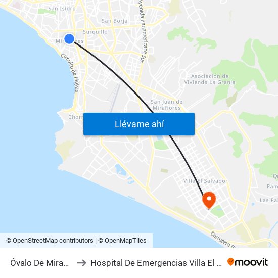 Óvalo De Miraflores to Hospital De Emergencias Villa El Salvador map