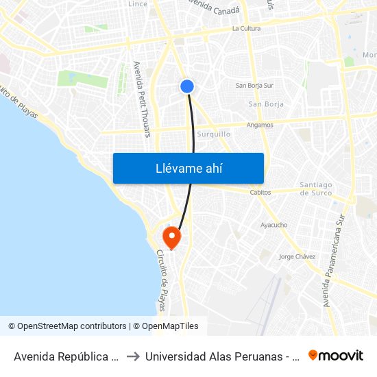 Avenida República De Panamá, 3887 to Universidad Alas Peruanas - Facultad De Arquitectura map