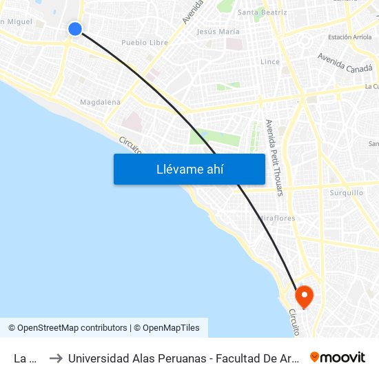 La Mar to Universidad Alas Peruanas - Facultad De Arquitectura map