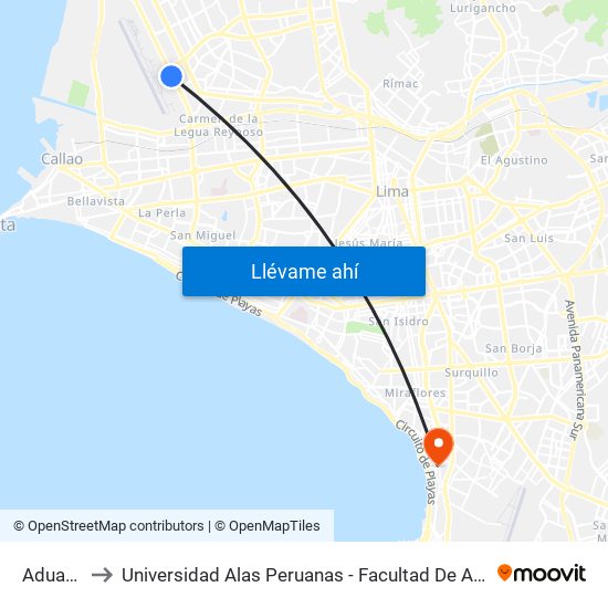 Aduanas to Universidad Alas Peruanas - Facultad De Arquitectura map