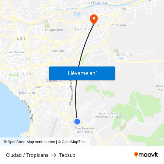 Ciudad / Tropicana to Tecsup map