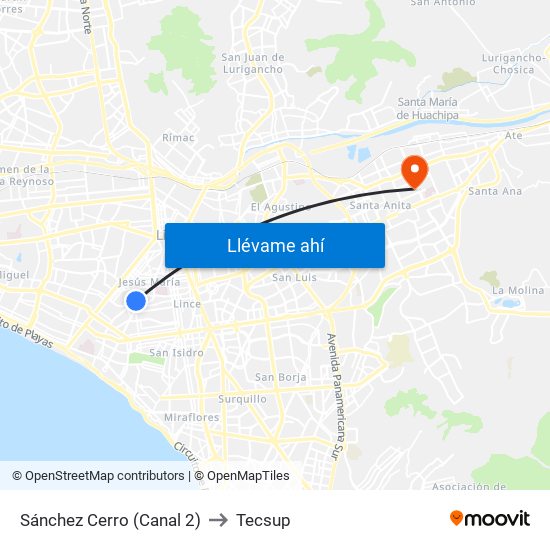Sánchez Cerro (Canal 2) to Tecsup map