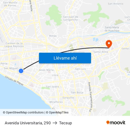 Avenida Universitaria, 290 to Tecsup map