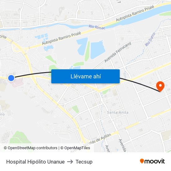 Hospital Hipólito Unanue to Tecsup map