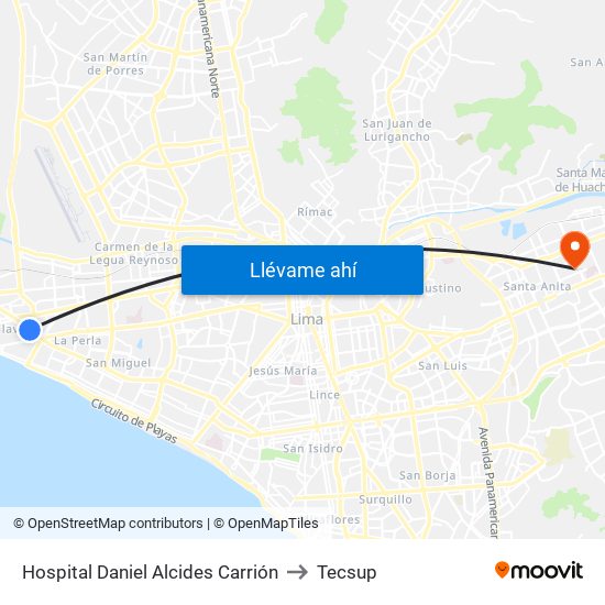 Hospital Daniel Alcides Carrión to Tecsup map