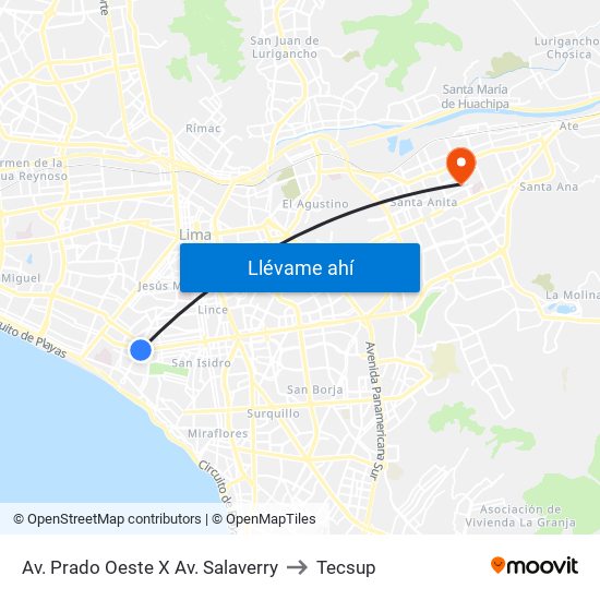 Av. Prado Oeste X Av. Salaverry to Tecsup map